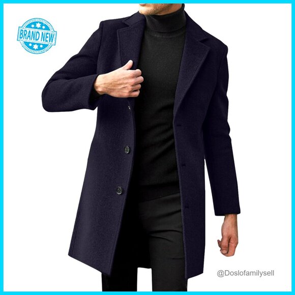 Classic Trench Coat Notched Lapel Mid Length Overcoat Winter Warm Pea Coat